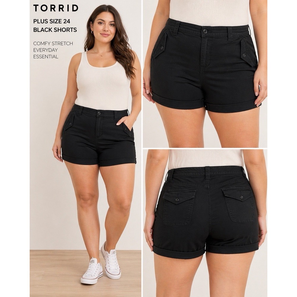 Torrid Shorts Women's Plus Size 24 Black Cotton Stretch Rolled Hem Casual